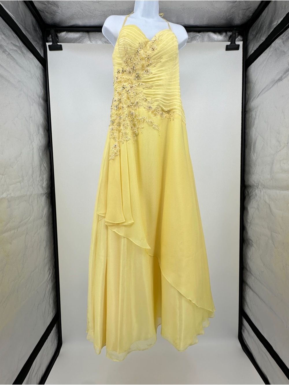 Elegant Yellow Prom Dress Beaded Halter Spaghetti Strap Size 14 - Picture 5 of 12